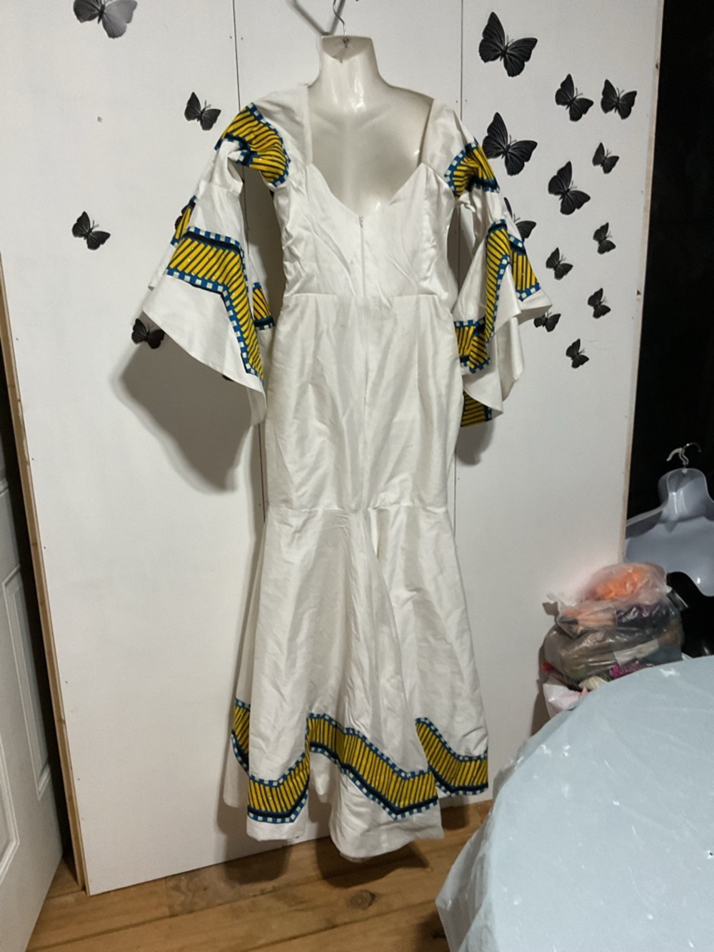 White Maxi Dress with Yellow & Navy Chevron Accents - Picture 4 of 9
